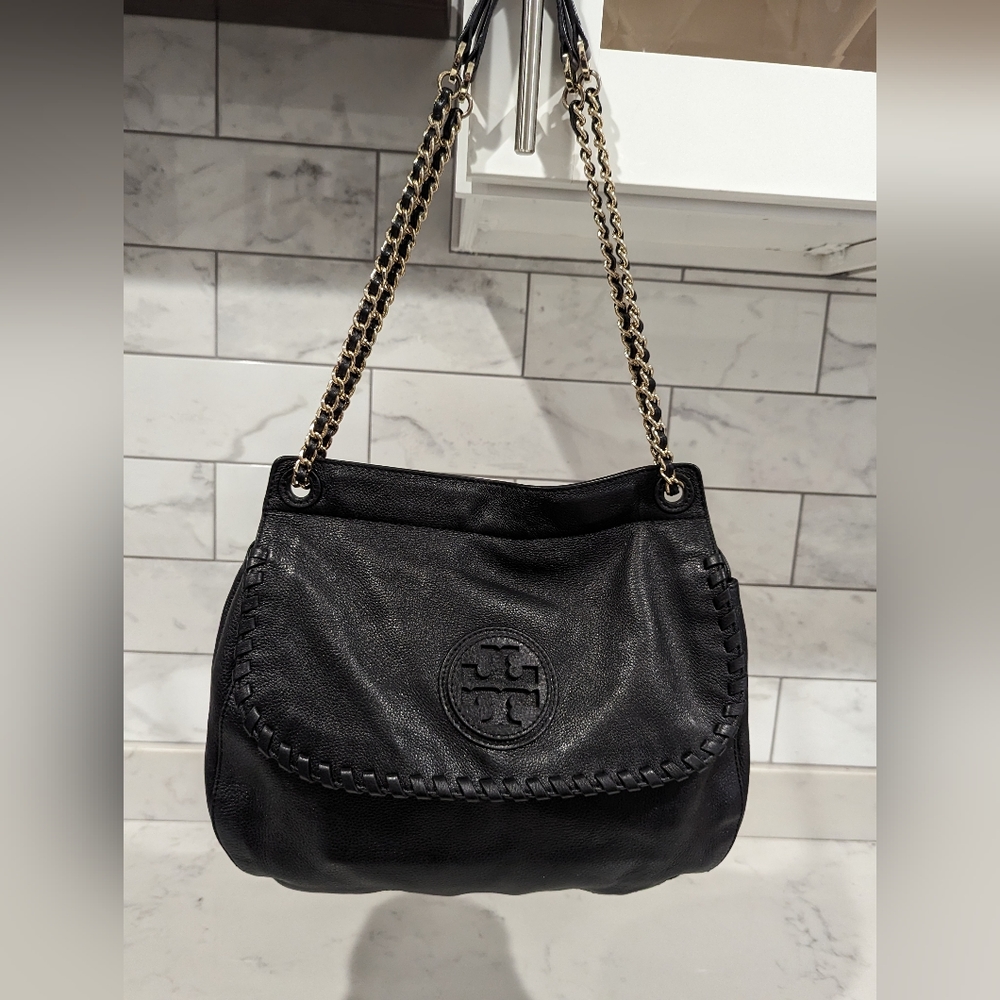Authentic Black Leather Tory Burch Logo Bag